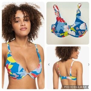ROXY She Just Shines Separate Underwired D-Cup Bikini Top - Floral/ Blue, Size M